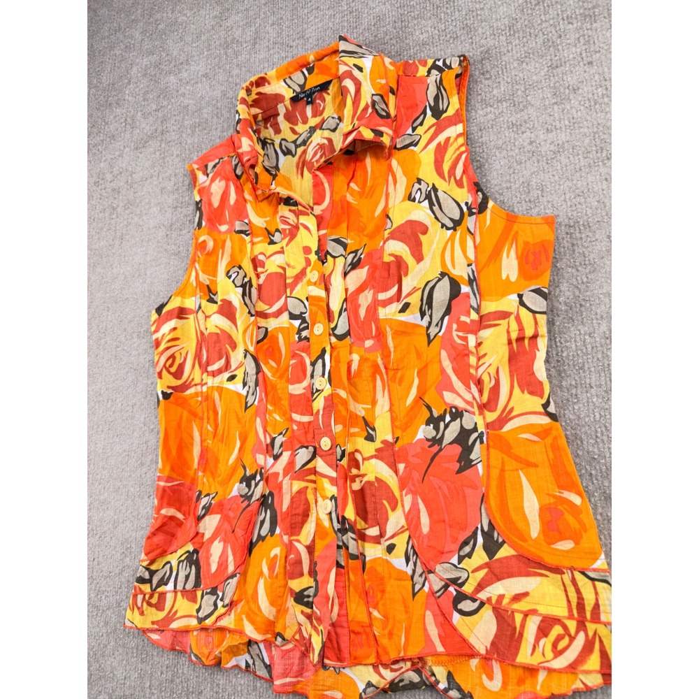 Nic + Zoe Womens Sleeveless Button Down Floral Pintuck Blouse Orange Yellow Sz 4 - Picture 5 of 8